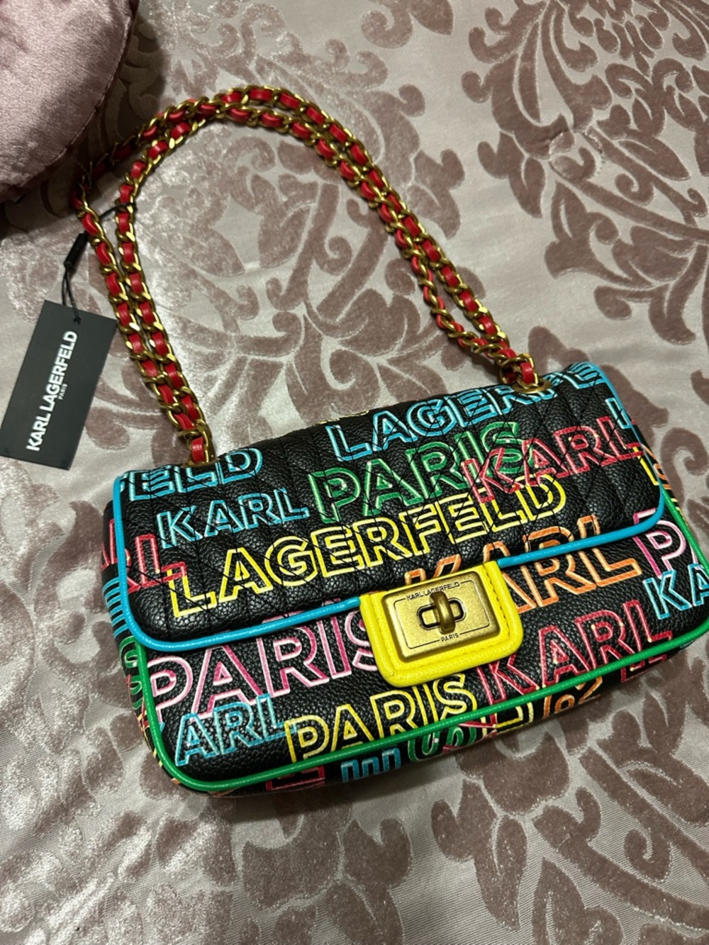 Karl Lagerfeld Black Multicolor Logo Chain Shoulder Bag with Yellow Turn-Lock
